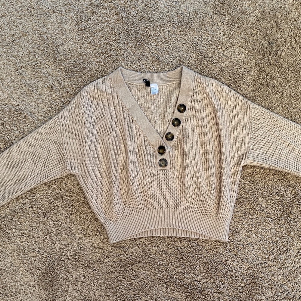 Divided Beige Sweater with Button Detail